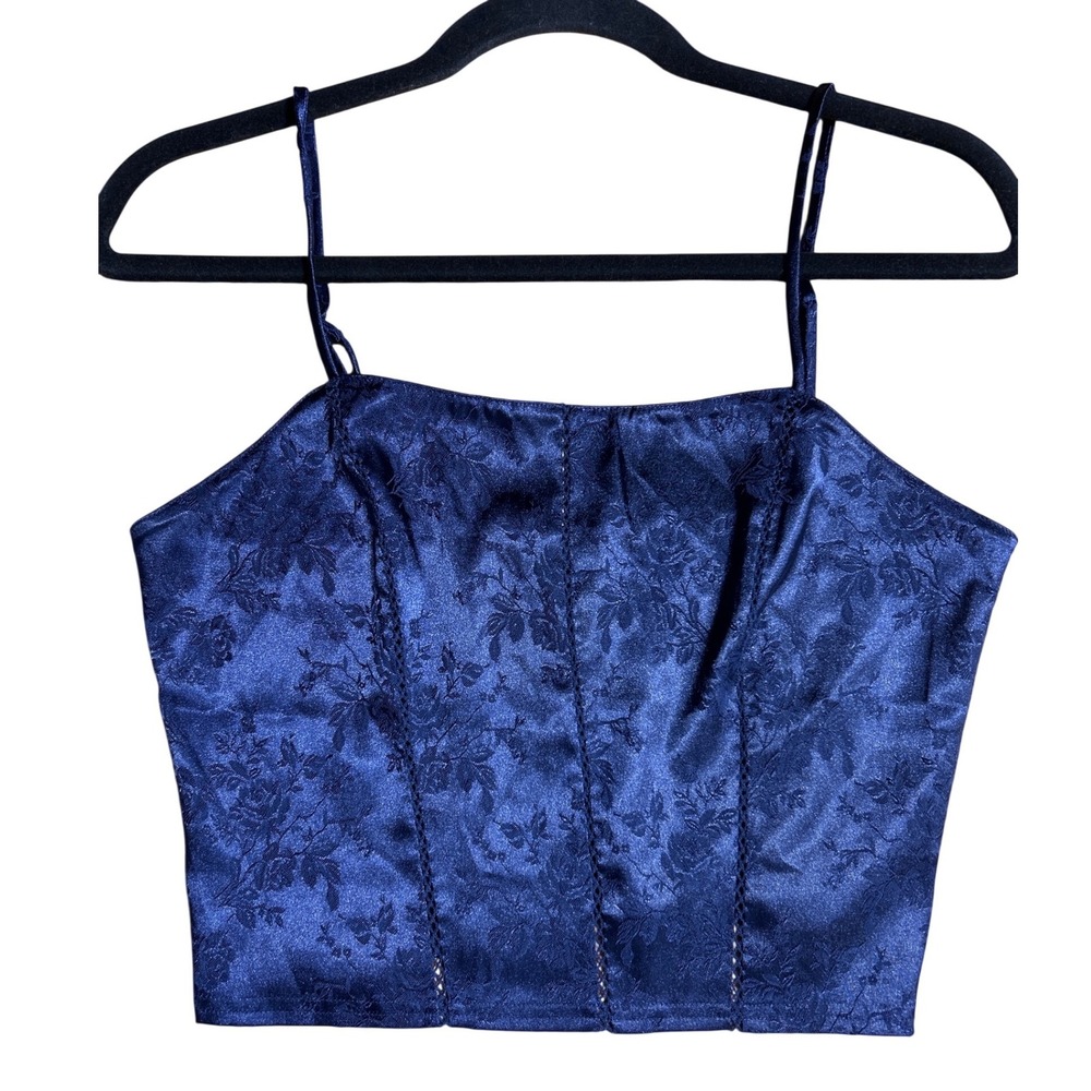 VTG Victoria's Secret  Blue Floral Jacquard Satin Corset Camisole Top Size Small